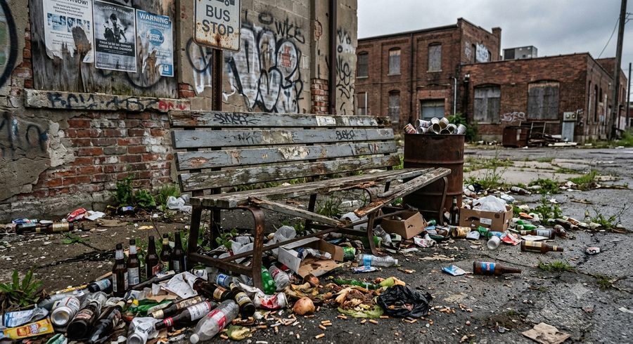 The Bus Stop Original — graffiti-covered public bench surrounded by litter