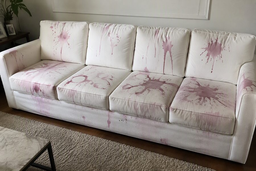 The Curbside Heirloom — cream sofa with wine-toned splatter staining