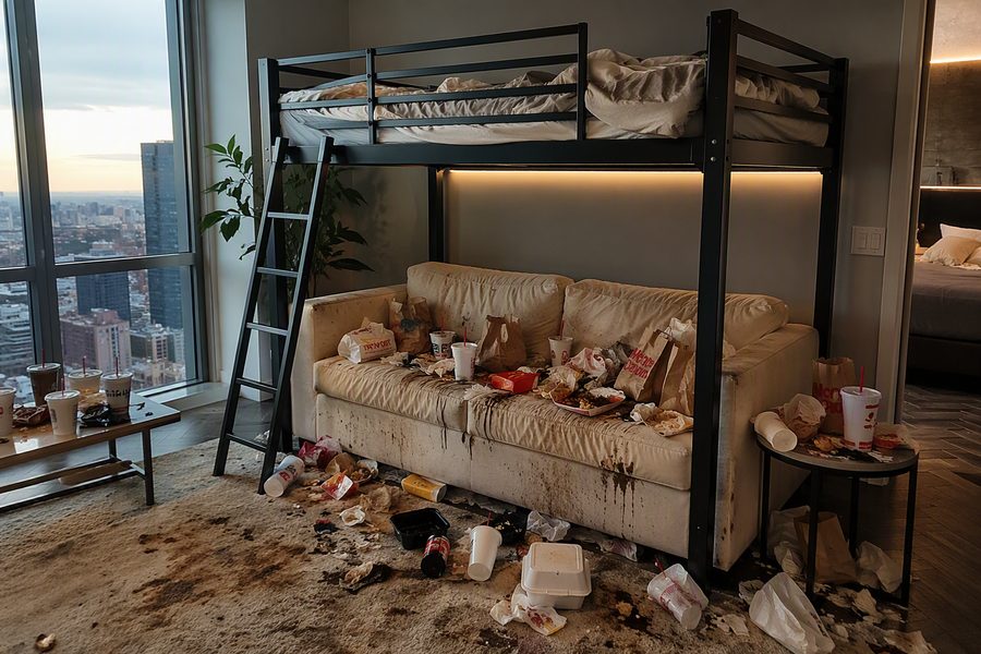 The Marketplace Special — couch buried in fast food bags and trash