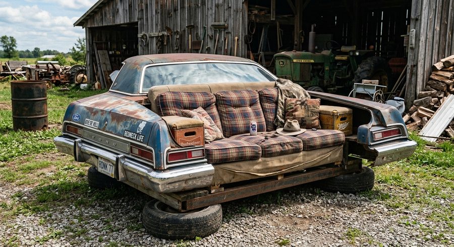 The Tailgate Estate — plaid couch built into the back of a rusted Ford